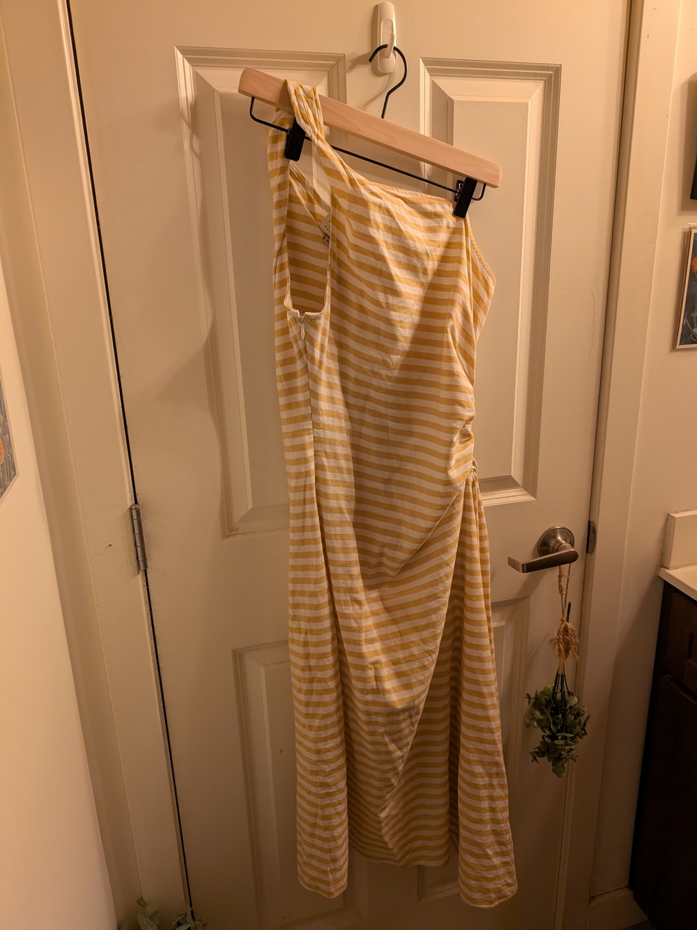 Yellow and White Striped Asymmetrical Maxi Dress